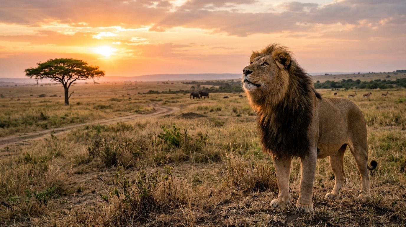 Tradiam lion standing in the African savannah at sunset