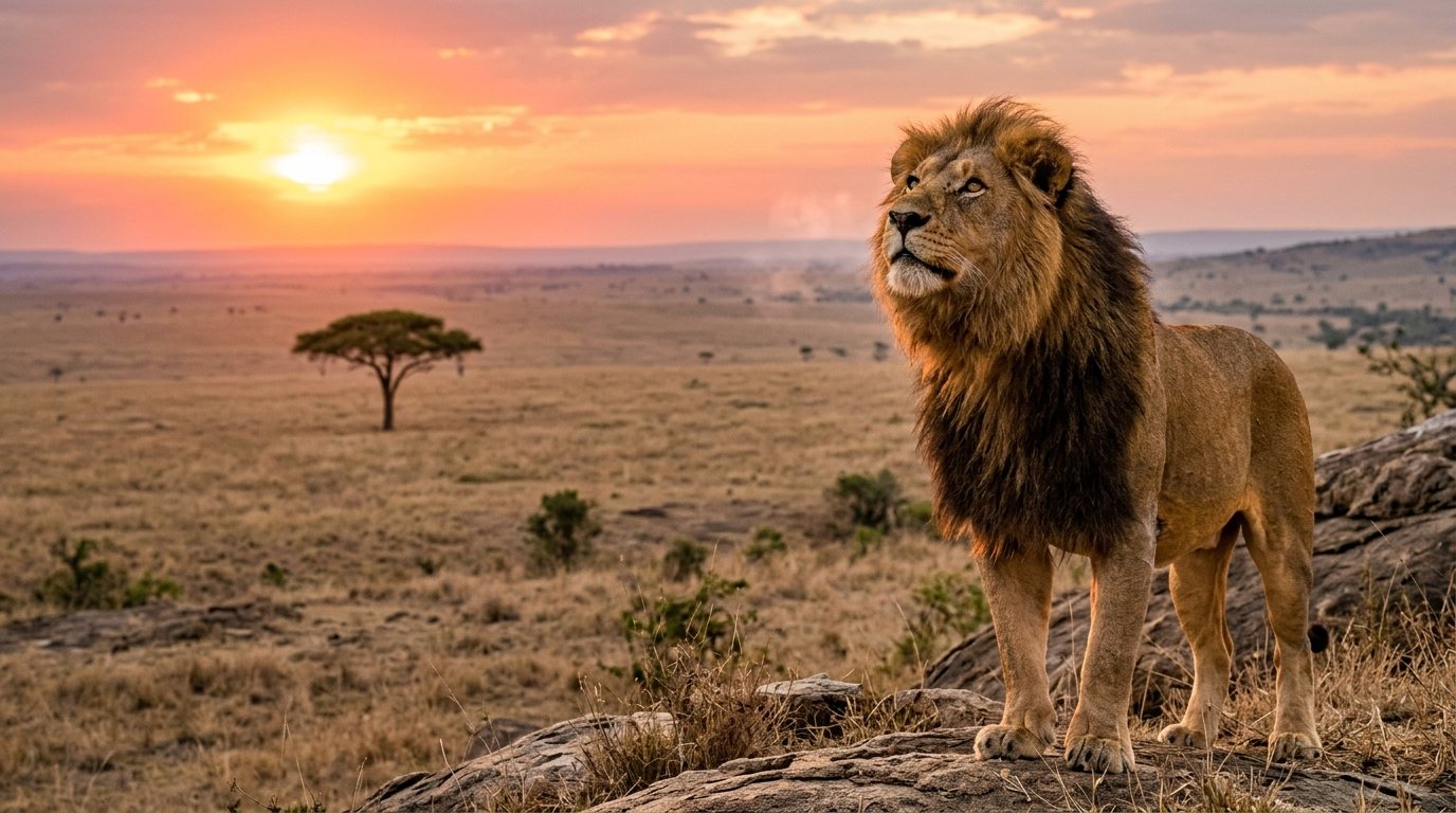 Tradiam lion on a rocky outcrop overlooking the savannah